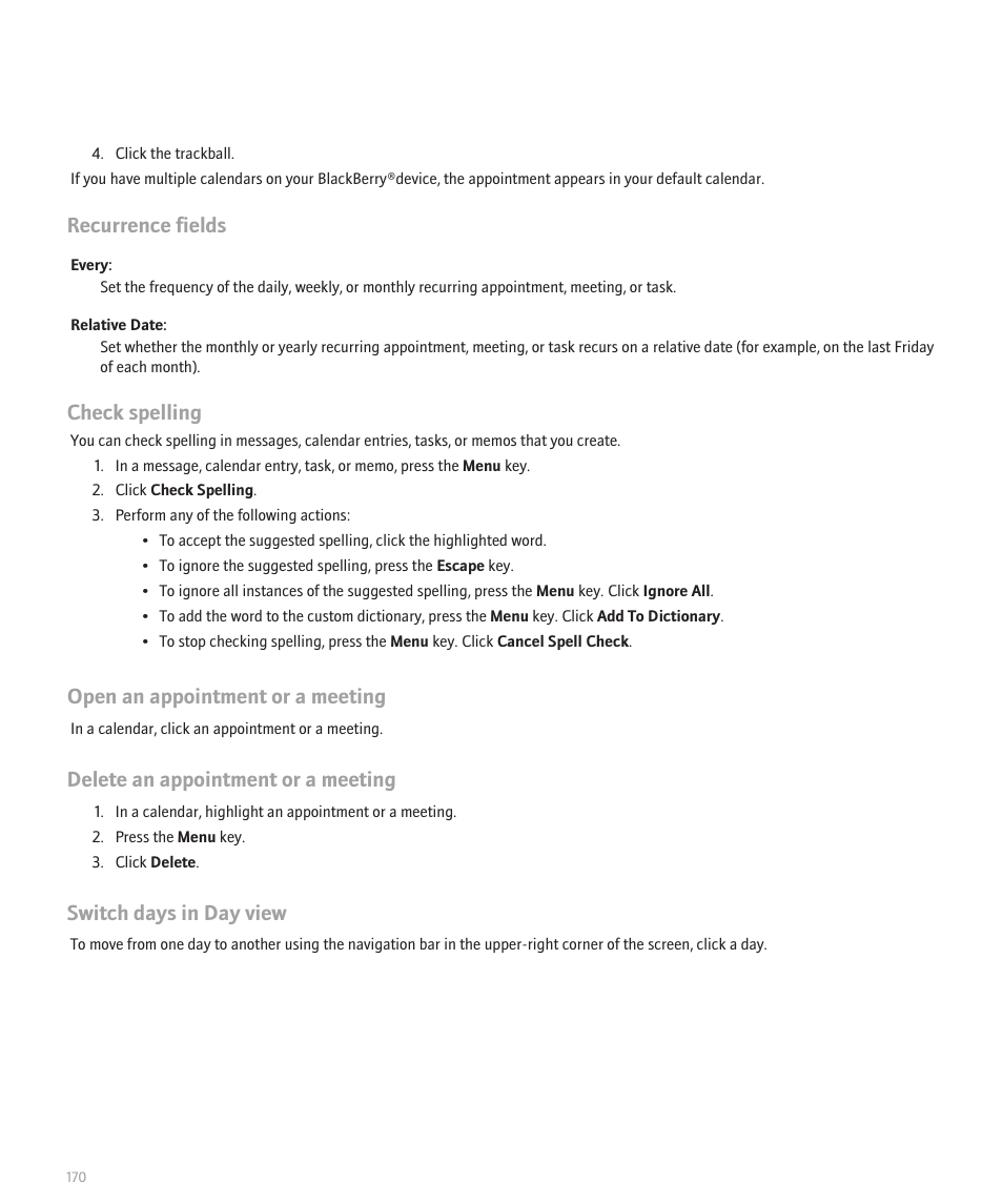 Recurrence fields, Check spelling, Open an appointment or a meeting | Delete an appointment or a meeting, Switch days in day view | Blackberry Pearl 8130 User Manual | Page 172 / 270