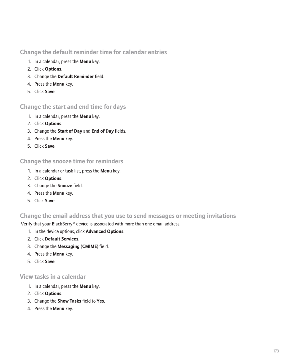 Change the start and end time for days, Change the snooze time for reminders, View tasks in a calendar | Blackberry Pearl 8130 User Manual | Page 175 / 270