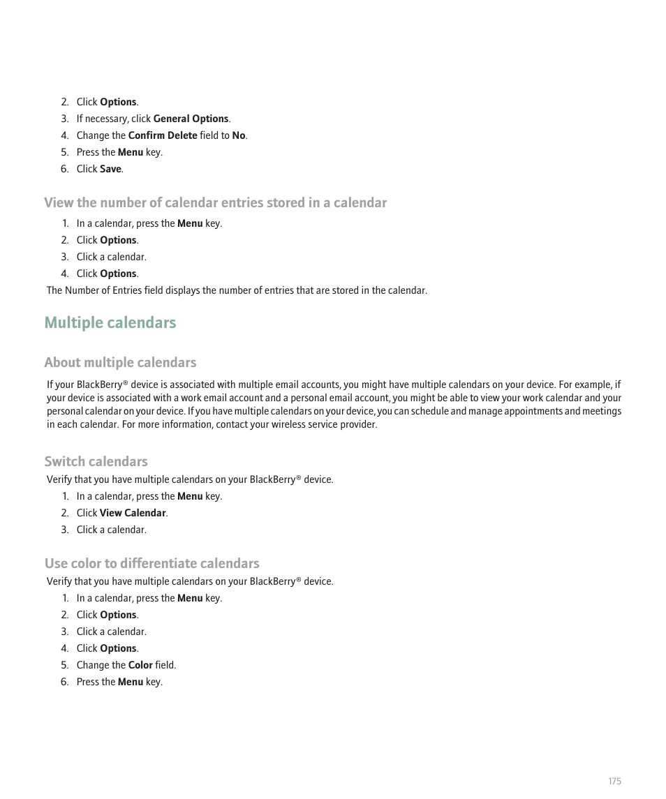 Multiple calendars, About multiple calendars, Switch calendars | Use color to differentiate calendars | Blackberry Pearl 8130 User Manual | Page 177 / 270