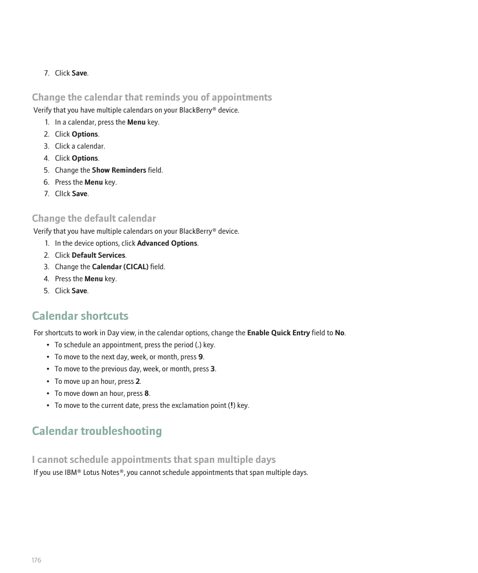 Calendar shortcuts, Calendar troubleshooting, Change the default calendar | Blackberry Pearl 8130 User Manual | Page 178 / 270