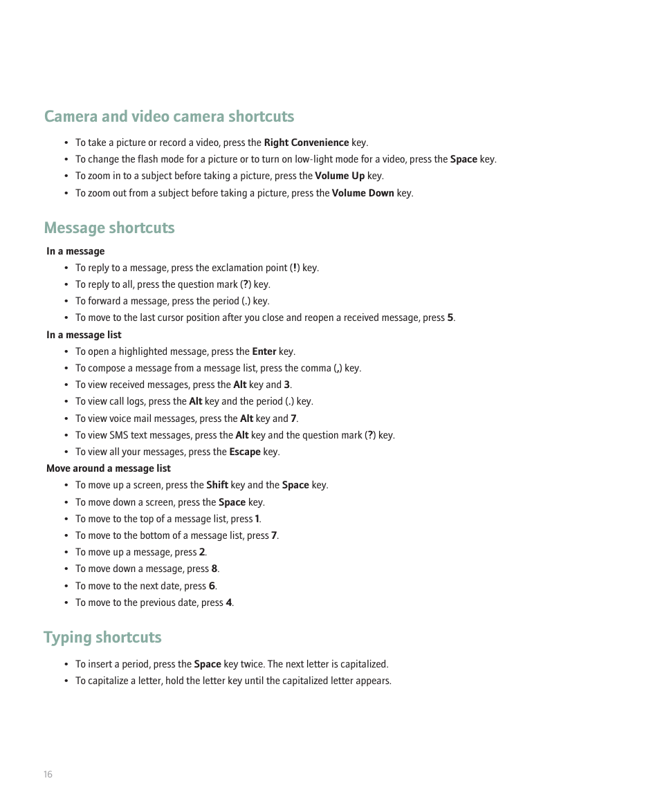 Camera and video camera shortcuts, Message shortcuts, Typing shortcuts | Blackberry Pearl 8130 User Manual | Page 18 / 270