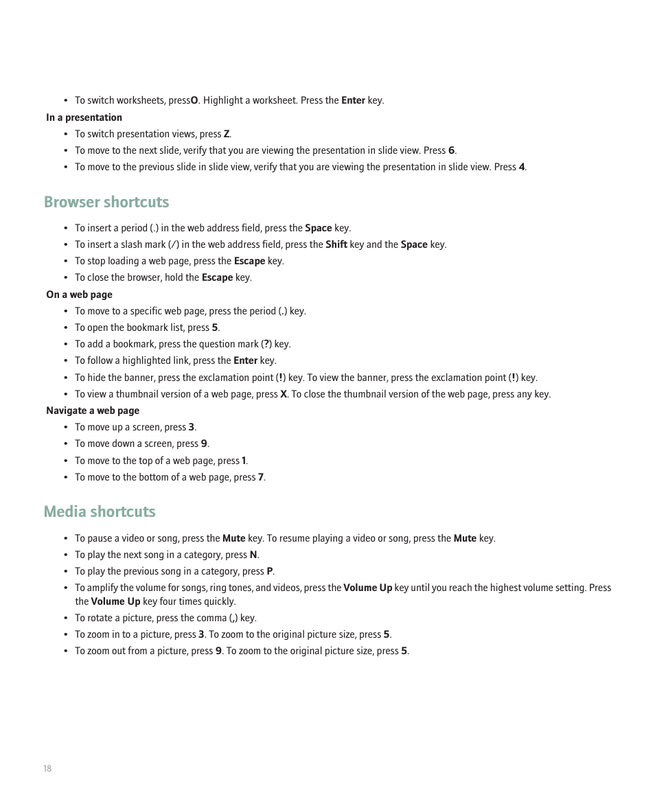 Browser shortcuts, Media shortcuts | Blackberry Pearl 8130 User Manual | Page 20 / 270