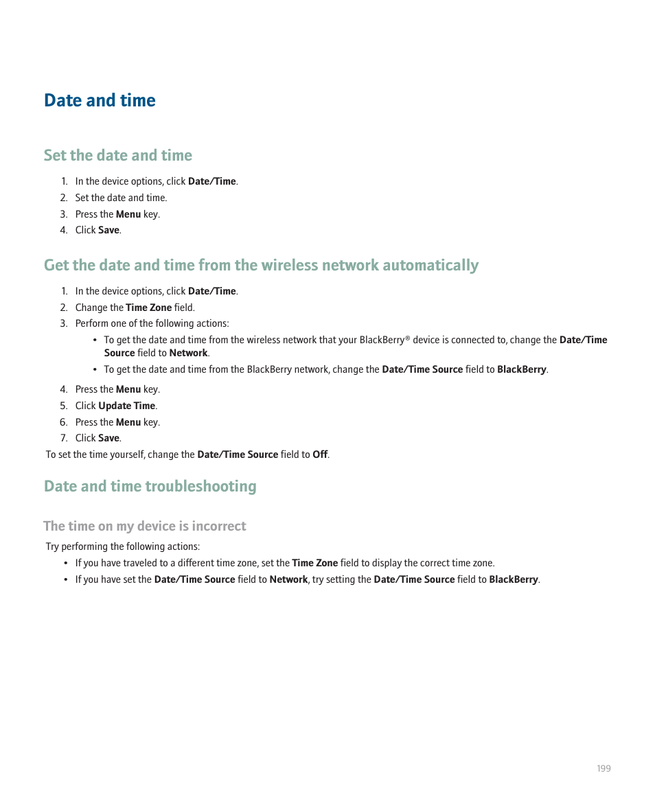 Date and time, Set the date and time, Date and time troubleshooting | The time on my device is incorrect | Blackberry Pearl 8130 User Manual | Page 201 / 270