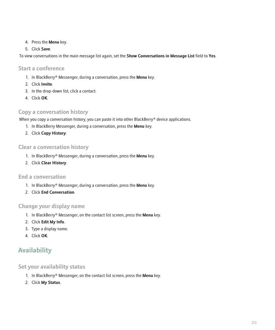 Availability, Start a conference, Copy a conversation history | Clear a conversation history, End a conversation, Change your display name, Set your availability status | Blackberry Pearl 8130 User Manual | Page 215 / 270