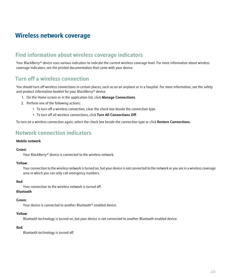 Wireless network coverage, Turn off a wireless connection, Network connection indicators | Blackberry Pearl 8130 User Manual | Page 227 / 270