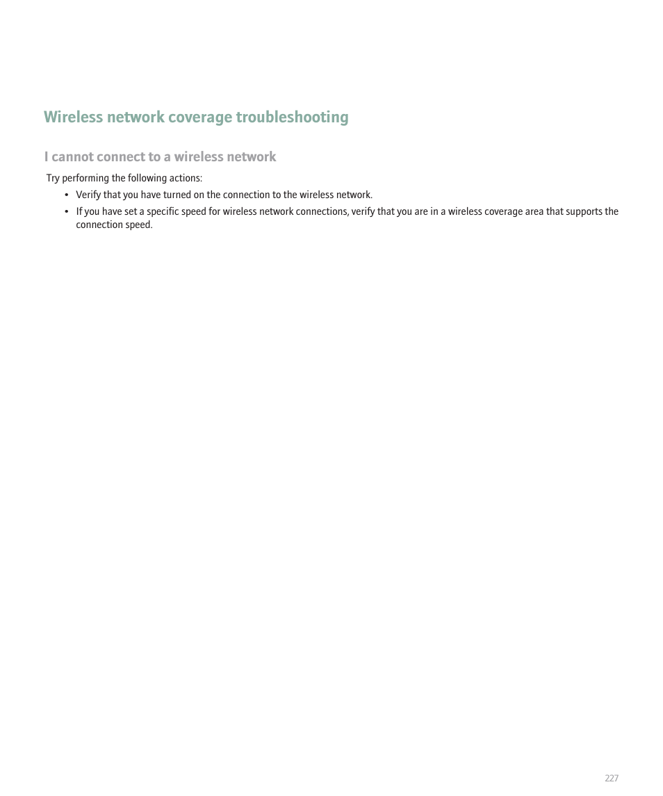 Wireless network coverage troubleshooting, I cannot connect to a wireless network | Blackberry Pearl 8130 User Manual | Page 229 / 270