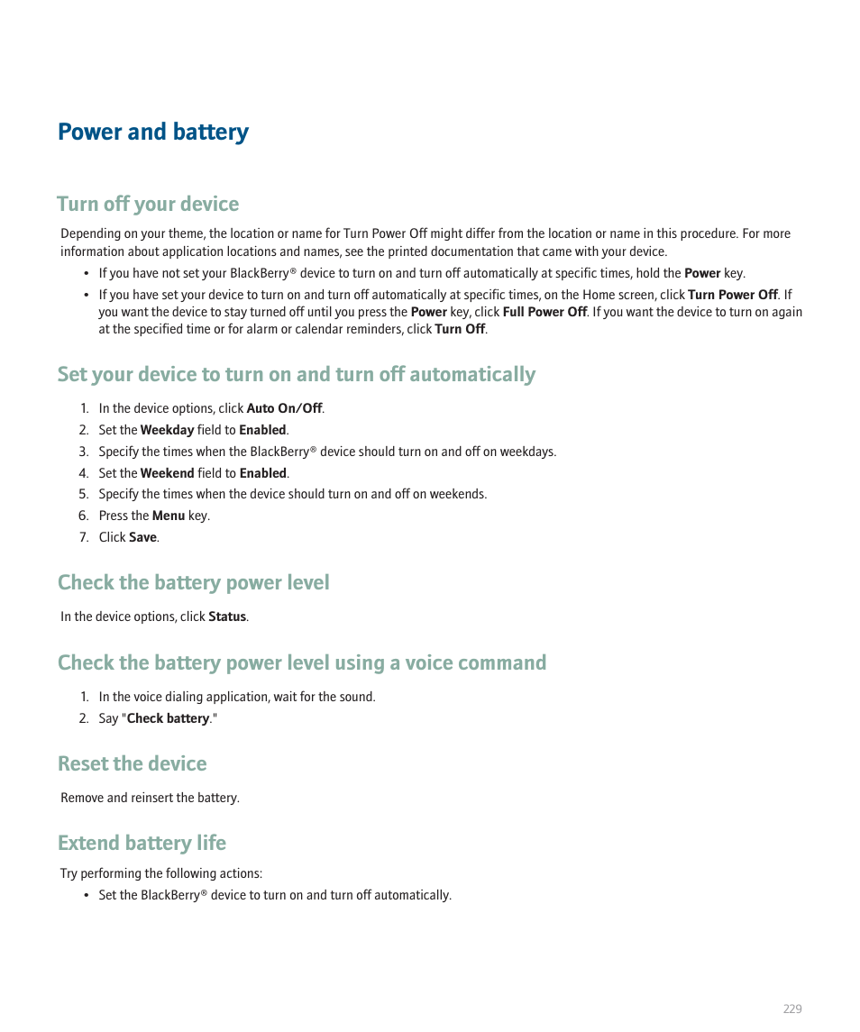 Power and battery, Turn off your device, Check the battery power level | Reset the device, Extend battery life | Blackberry Pearl 8130 User Manual | Page 231 / 270