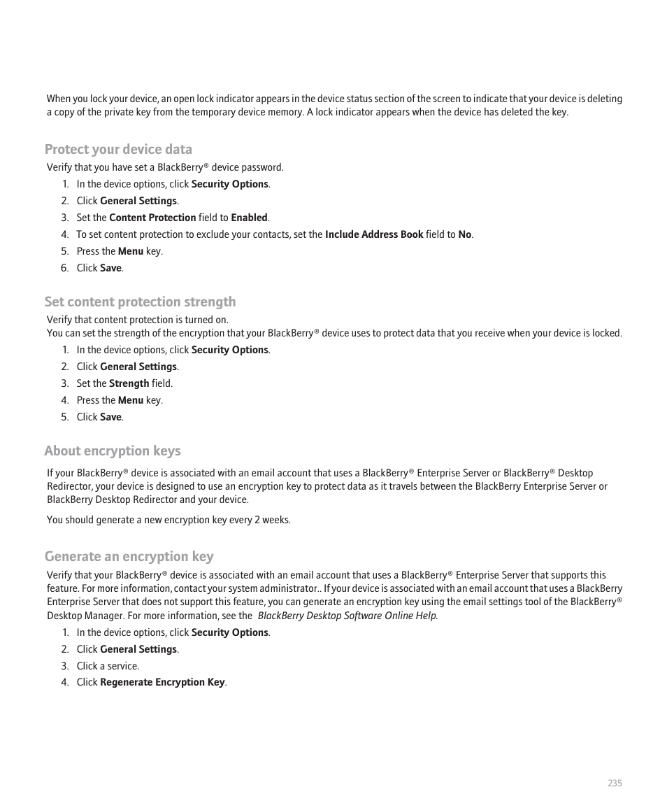 Protect your device data, Set content protection strength, About encryption keys | Generate an encryption key | Blackberry Pearl 8130 User Manual | Page 237 / 270