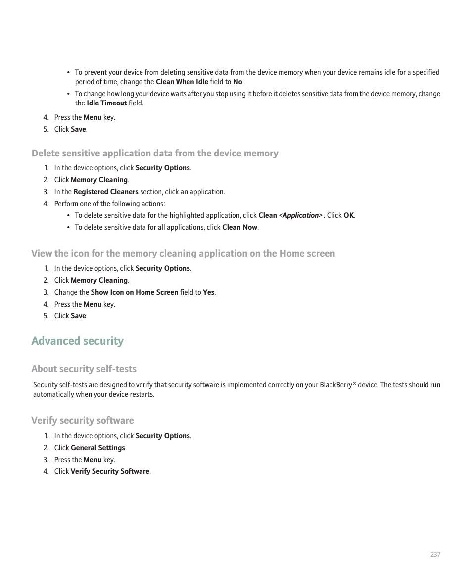Advanced security, About security self-tests, Verify security software | Blackberry Pearl 8130 User Manual | Page 239 / 270