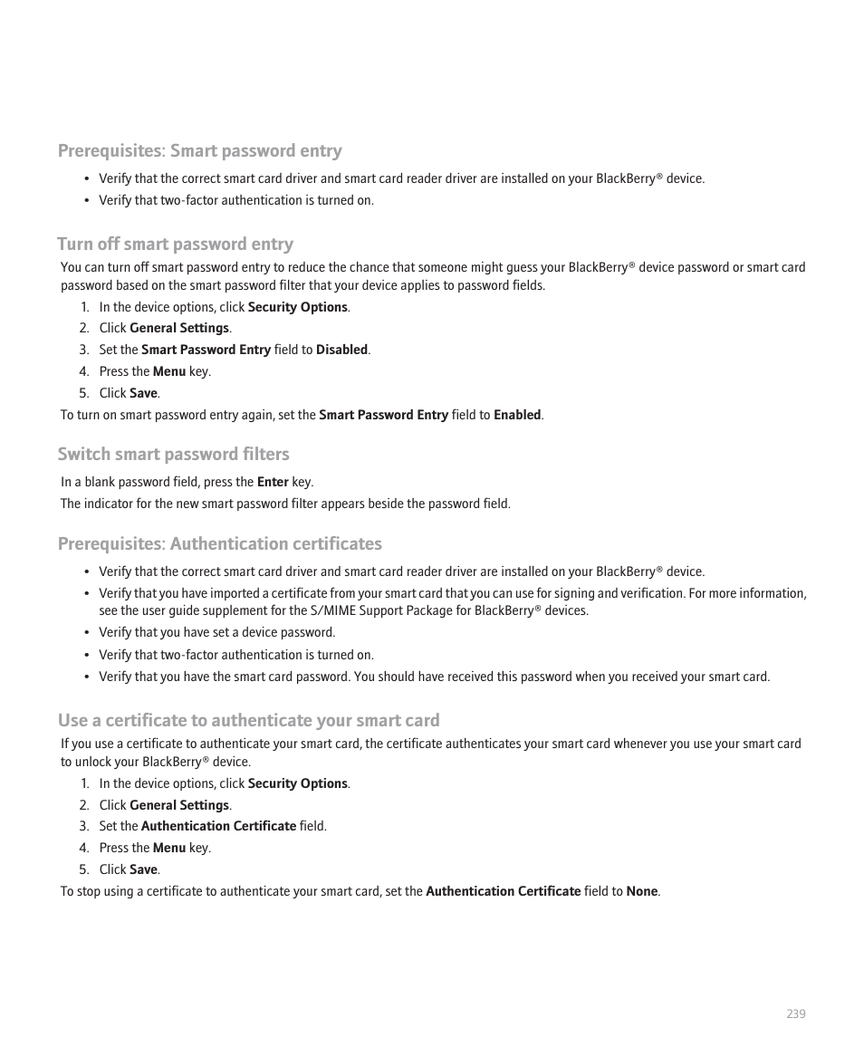 Prerequisites: smart password entry, Turn off smart password entry, Switch smart password filters | Prerequisites: authentication certificates, Use a certificate to authenticate your smart card | Blackberry Pearl 8130 User Manual | Page 241 / 270