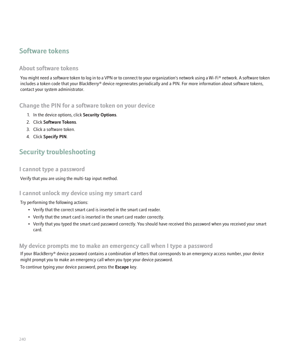 Software tokens, Security troubleshooting | Blackberry Pearl 8130 User Manual | Page 242 / 270
