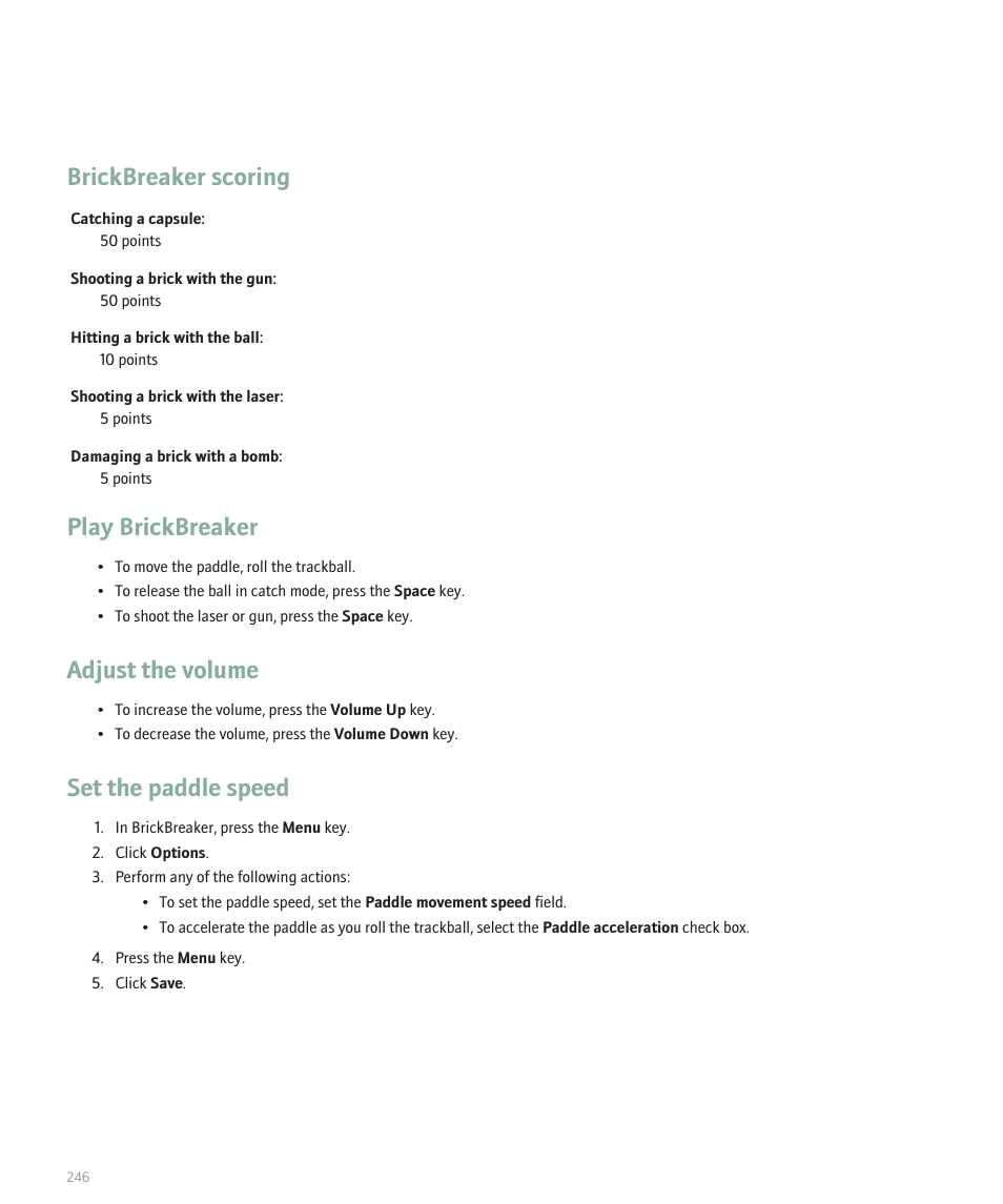 Brickbreaker scoring, Play brickbreaker, Adjust the volume | Set the paddle speed | Blackberry Pearl 8130 User Manual | Page 248 / 270