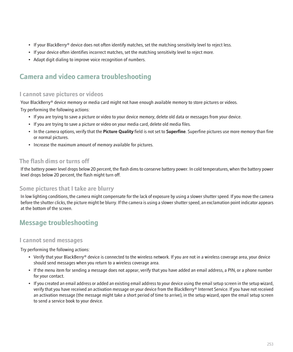 Camera and video camera troubleshooting, Message troubleshooting, I cannot save pictures or videos | The flash dims or turns off, Some pictures that i take are blurry, I cannot send messages | Blackberry Pearl 8130 User Manual | Page 255 / 270