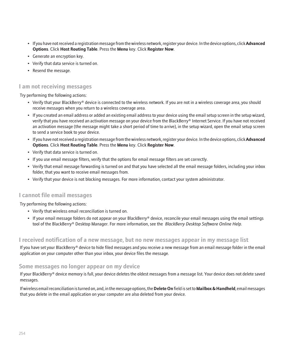 I am not receiving messages, I cannot file email messages, Some messages no longer appear on my device | Blackberry Pearl 8130 User Manual | Page 256 / 270
