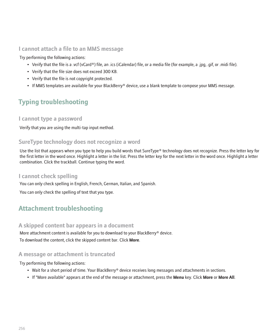 Typing troubleshooting, Attachment troubleshooting | Blackberry Pearl 8130 User Manual | Page 258 / 270