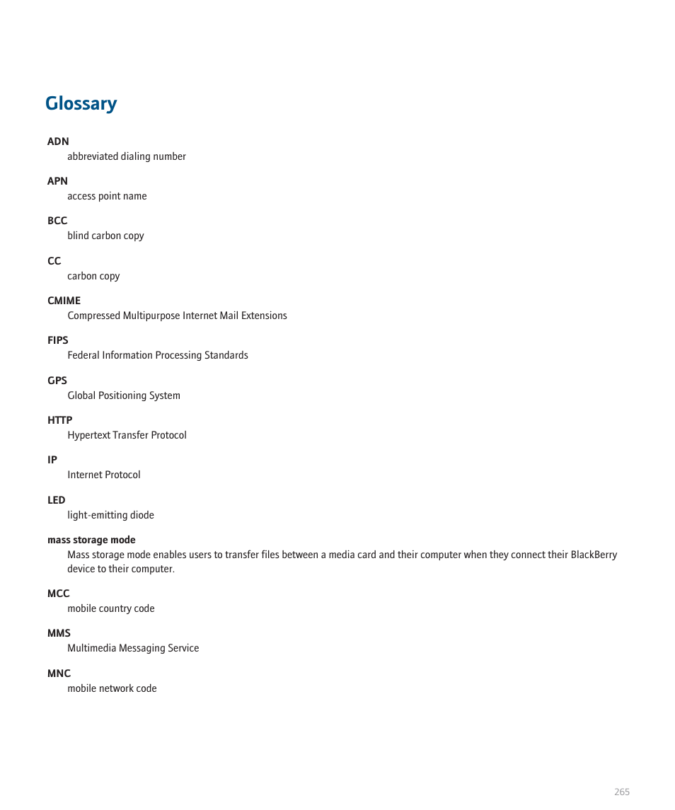 Glossary | Blackberry Pearl 8130 User Manual | Page 267 / 270