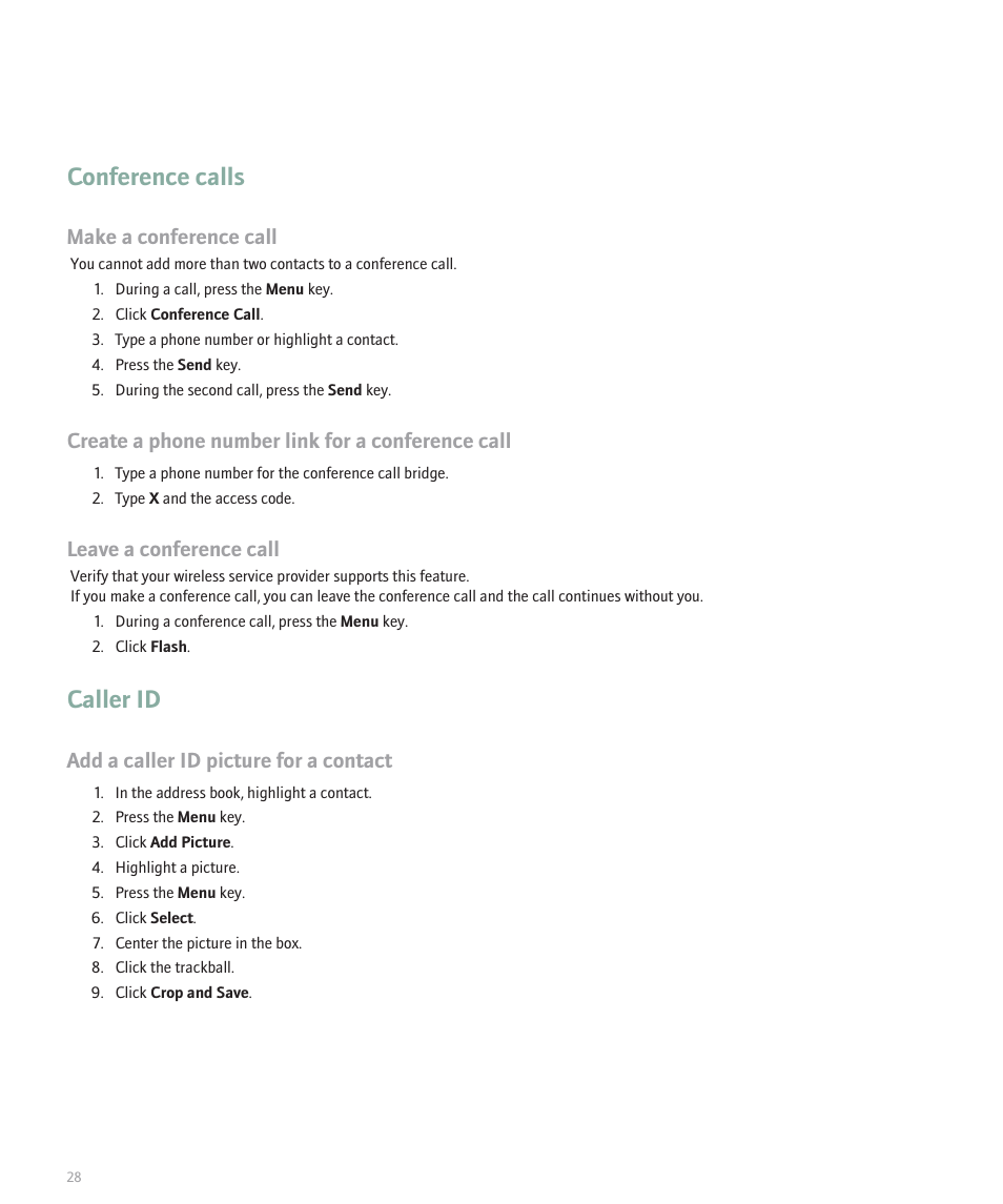 Conference calls, Caller id, Make a conference call | Create a phone number link for a conference call, Leave a conference call, Add a caller id picture for a contact | Blackberry Pearl 8130 User Manual | Page 30 / 270