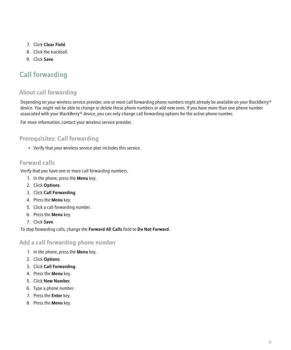 Call forwarding, About call forwarding, Prerequisites: call forwarding | Forward calls, Add a call forwarding phone number | Blackberry Pearl 8130 User Manual | Page 33 / 270
