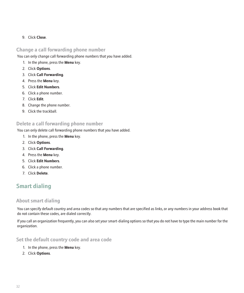 Smart dialing, Change a call forwarding phone number, Delete a call forwarding phone number | About smart dialing, Set the default country code and area code | Blackberry Pearl 8130 User Manual | Page 34 / 270