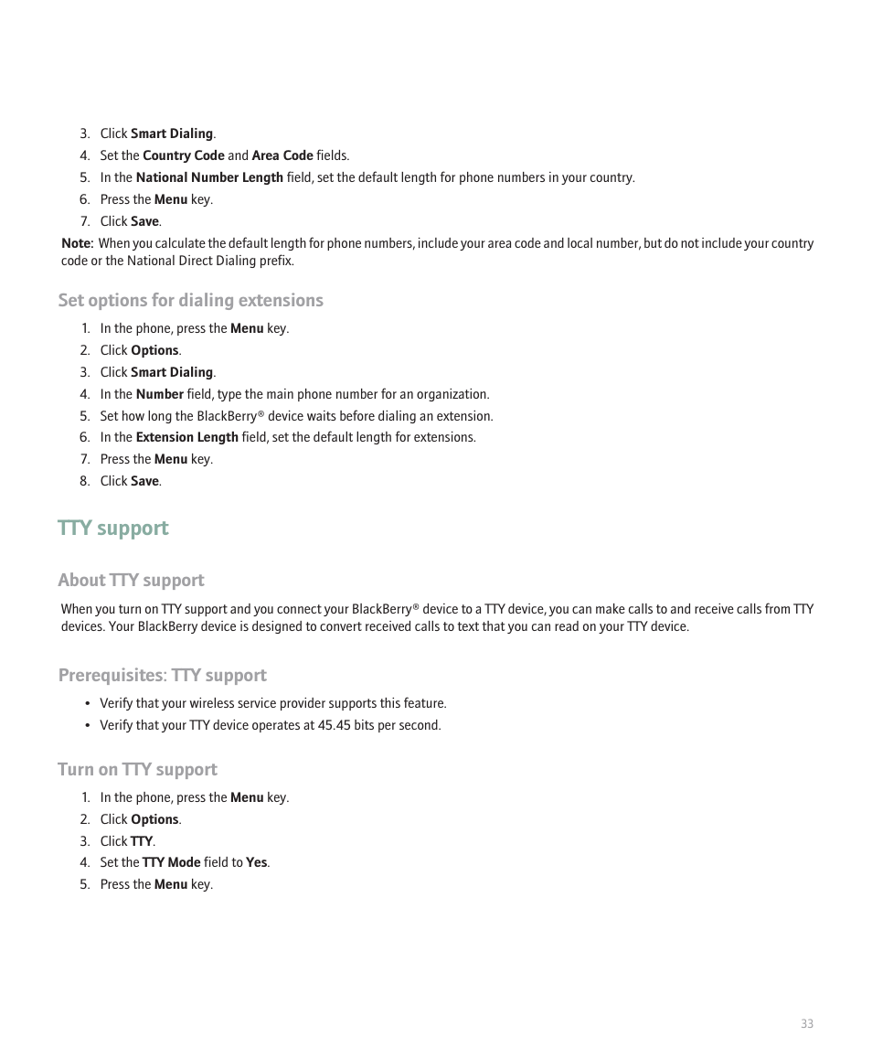 Tty support, Set options for dialing extensions, About tty support | Prerequisites: tty support, Turn on tty support | Blackberry Pearl 8130 User Manual | Page 35 / 270