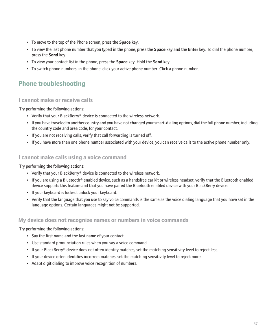 Phone troubleshooting, I cannot make or receive calls, I cannot make calls using a voice command | Blackberry Pearl 8130 User Manual | Page 39 / 270