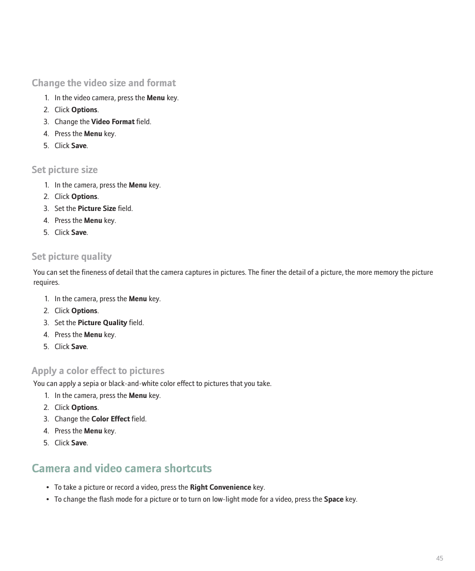 Camera and video camera shortcuts, Change the video size and format, Set picture size | Set picture quality, Apply a color effect to pictures | Blackberry Pearl 8130 User Manual | Page 47 / 270