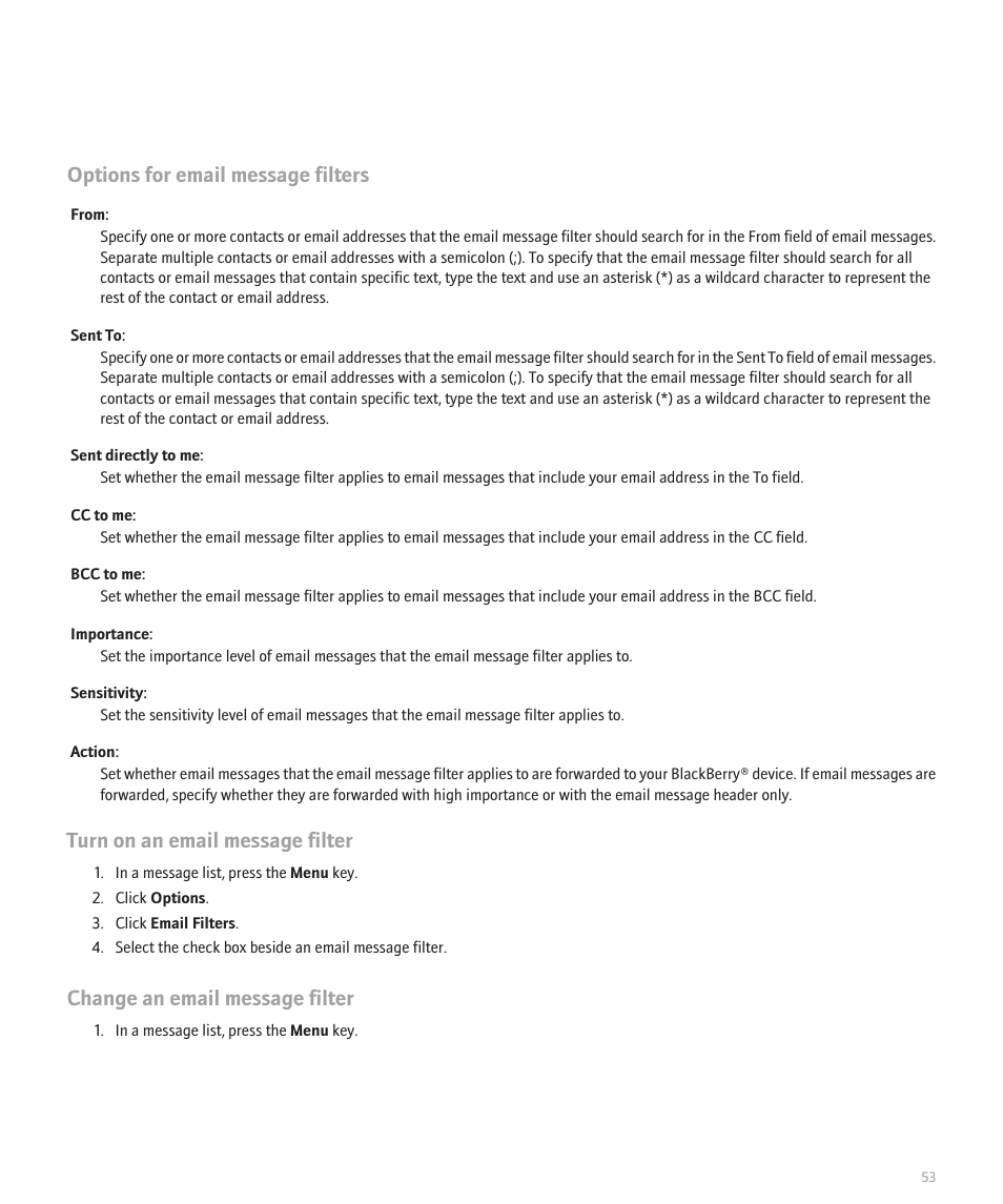 Options for email message filters, Turn on an email message filter, Change an email message filter | Blackberry Pearl 8130 User Manual | Page 55 / 270