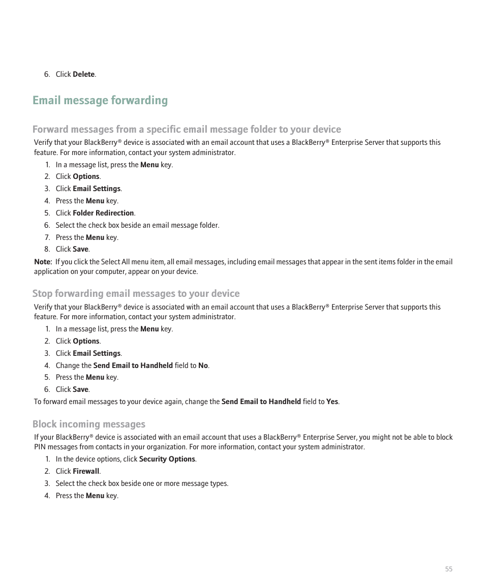 Email message forwarding, Stop forwarding email messages to your device, Block incoming messages | Blackberry Pearl 8130 User Manual | Page 57 / 270