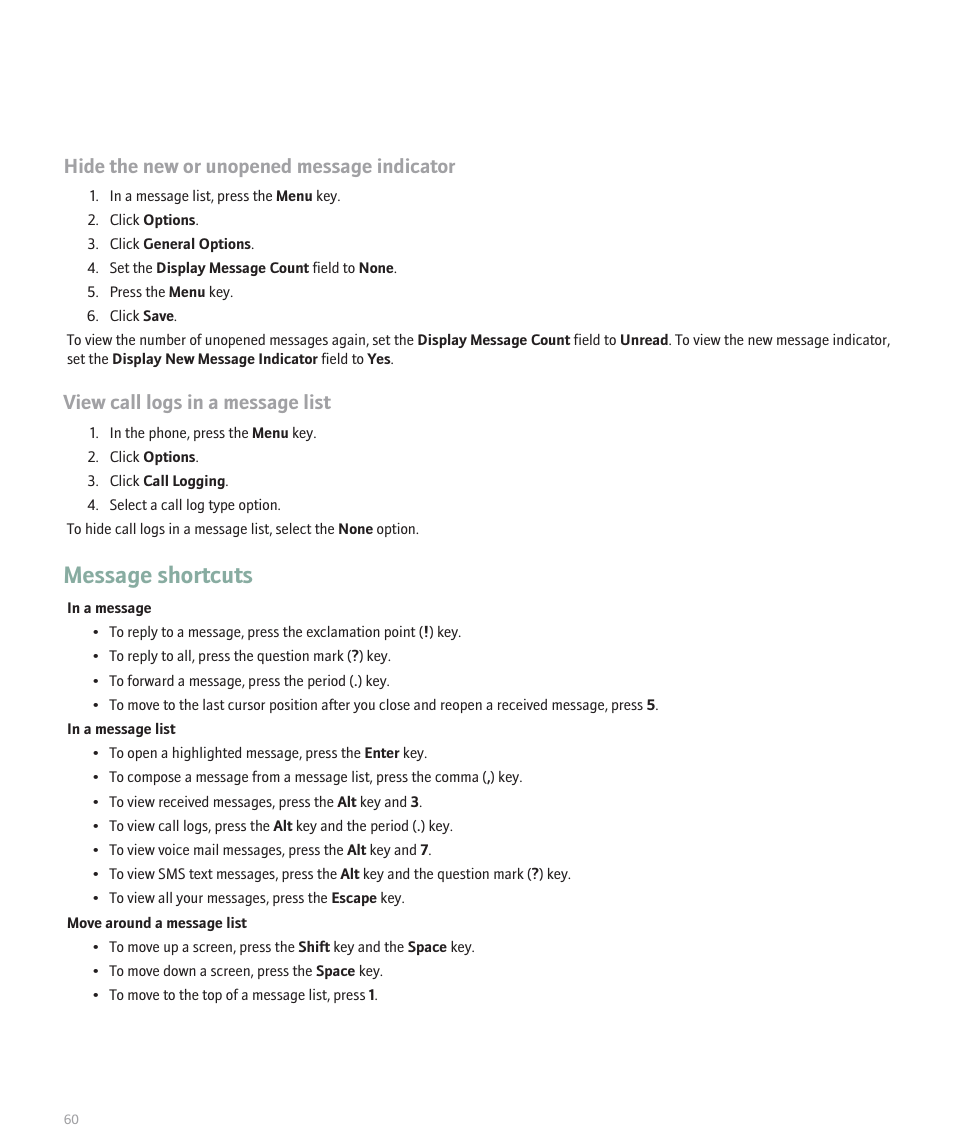 Message shortcuts, Hide the new or unopened message indicator, View call logs in a message list | Blackberry Pearl 8130 User Manual | Page 62 / 270