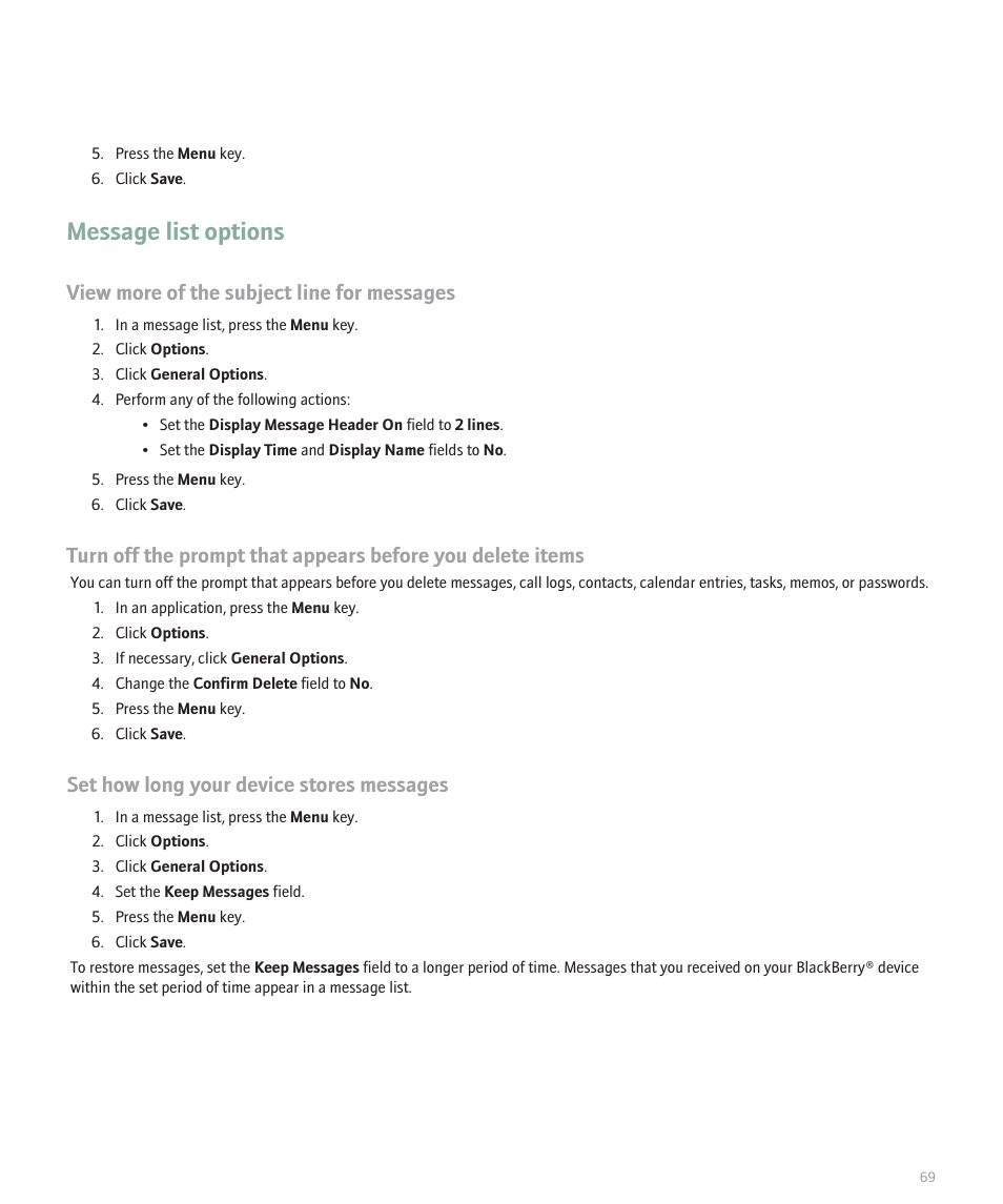 Message list options, View more of the subject line for messages, Set how long your device stores messages | Blackberry Pearl 8130 User Manual | Page 71 / 270