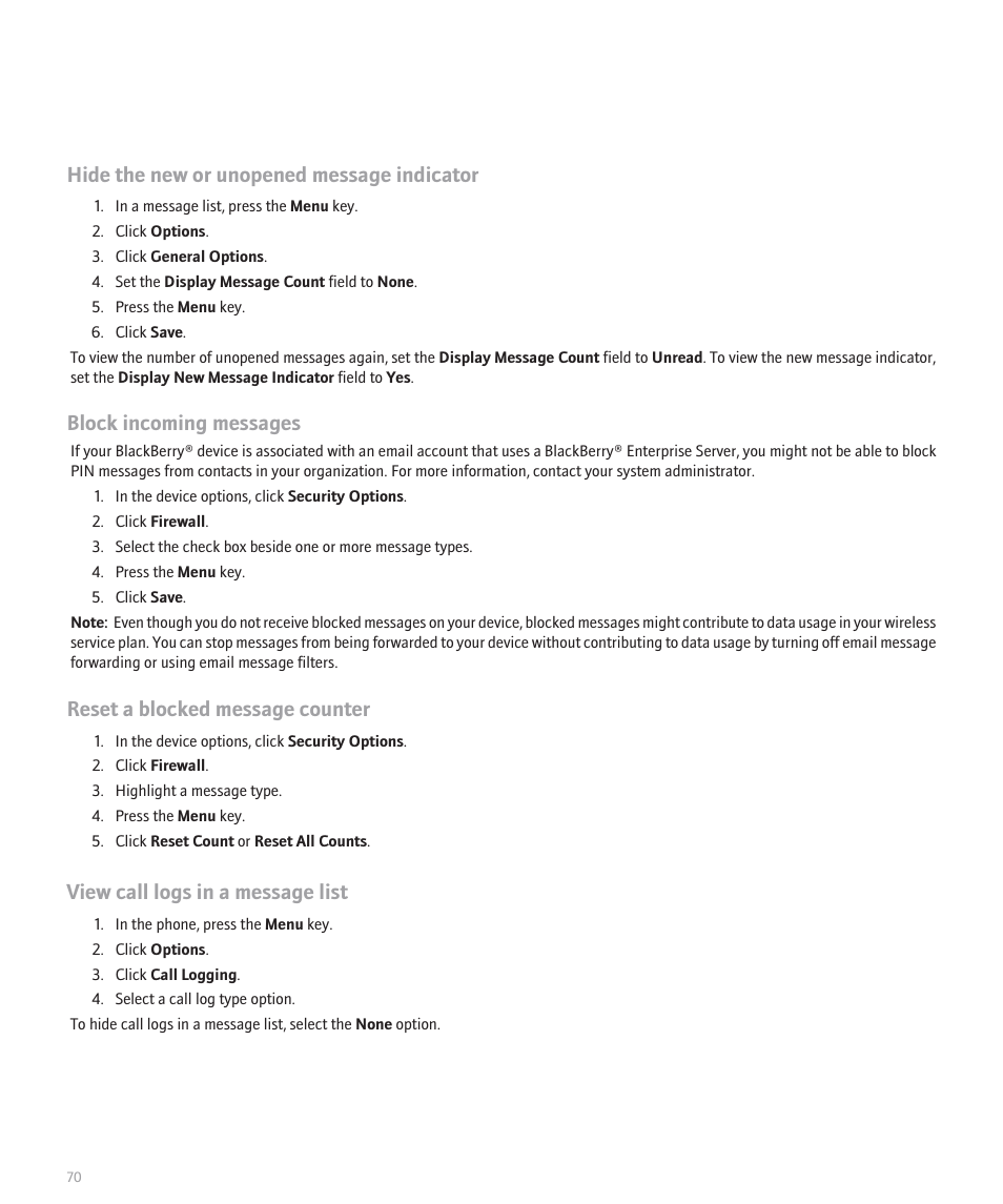 Hide the new or unopened message indicator, Block incoming messages, Reset a blocked message counter | View call logs in a message list | Blackberry Pearl 8130 User Manual | Page 72 / 270