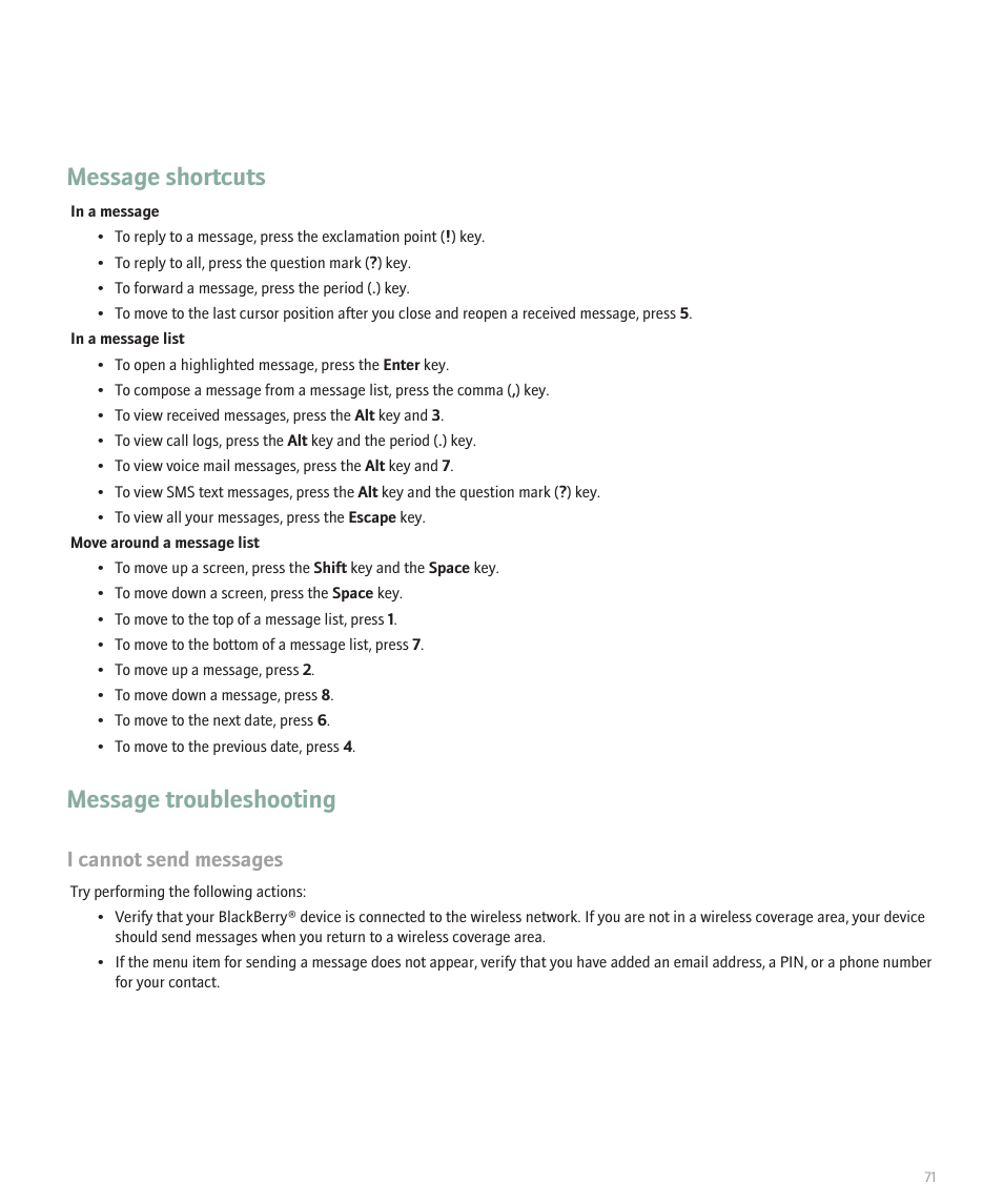Message shortcuts, Message troubleshooting, I cannot send messages | Blackberry Pearl 8130 User Manual | Page 73 / 270