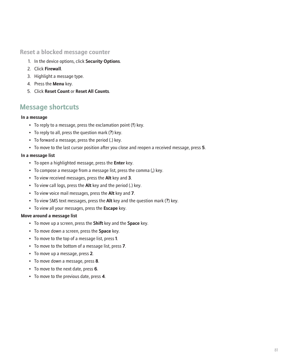 Message shortcuts, Reset a blocked message counter | Blackberry Pearl 8130 User Manual | Page 83 / 270
