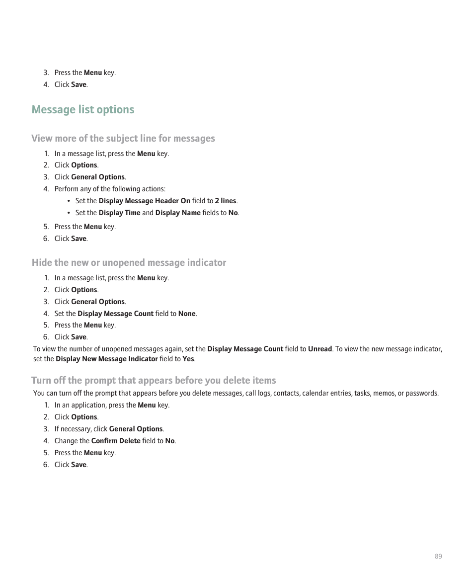 Message list options, View more of the subject line for messages, Hide the new or unopened message indicator | Blackberry Pearl 8130 User Manual | Page 91 / 270
