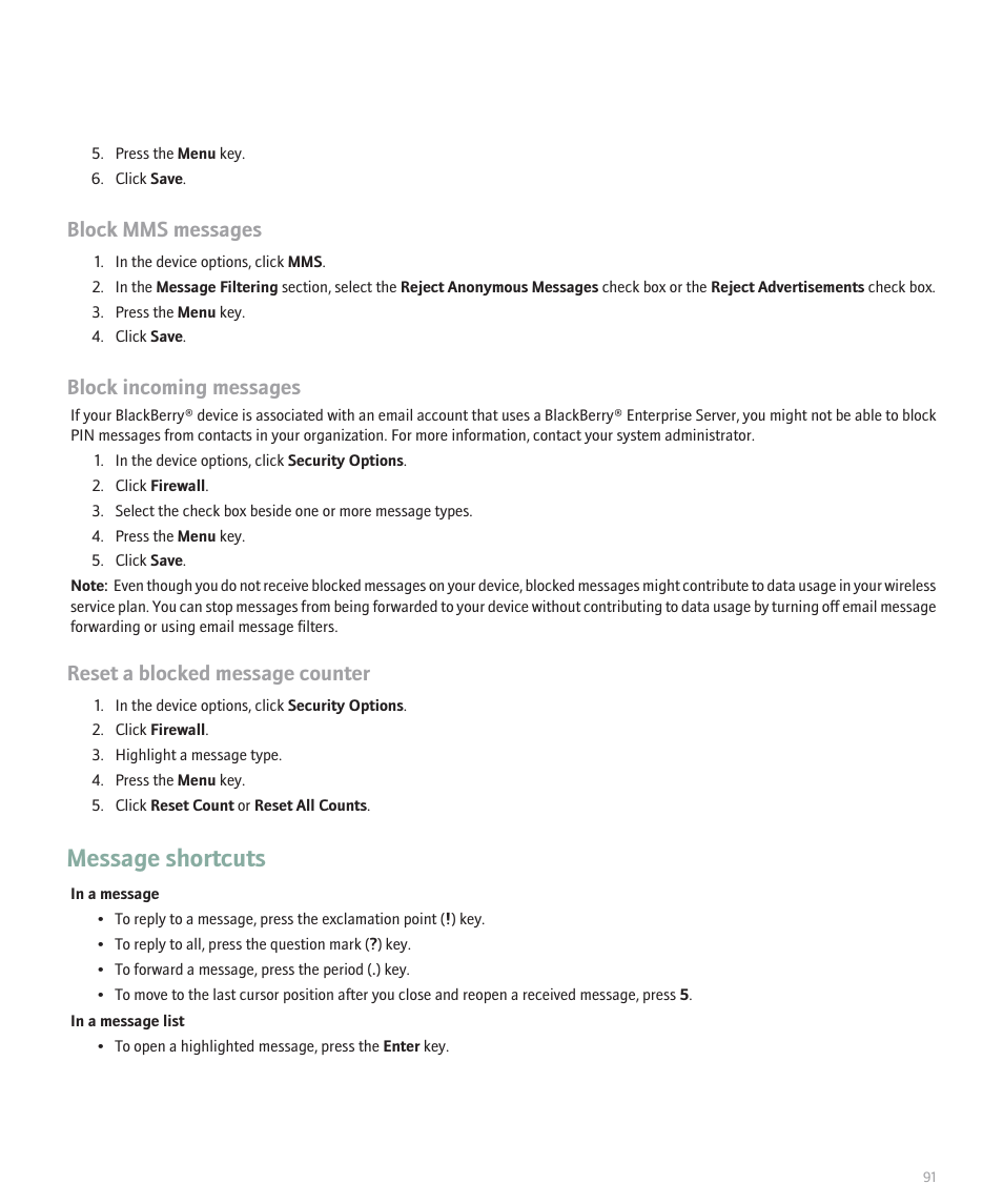 Message shortcuts, Block mms messages, Block incoming messages | Reset a blocked message counter | Blackberry Pearl 8130 User Manual | Page 93 / 270