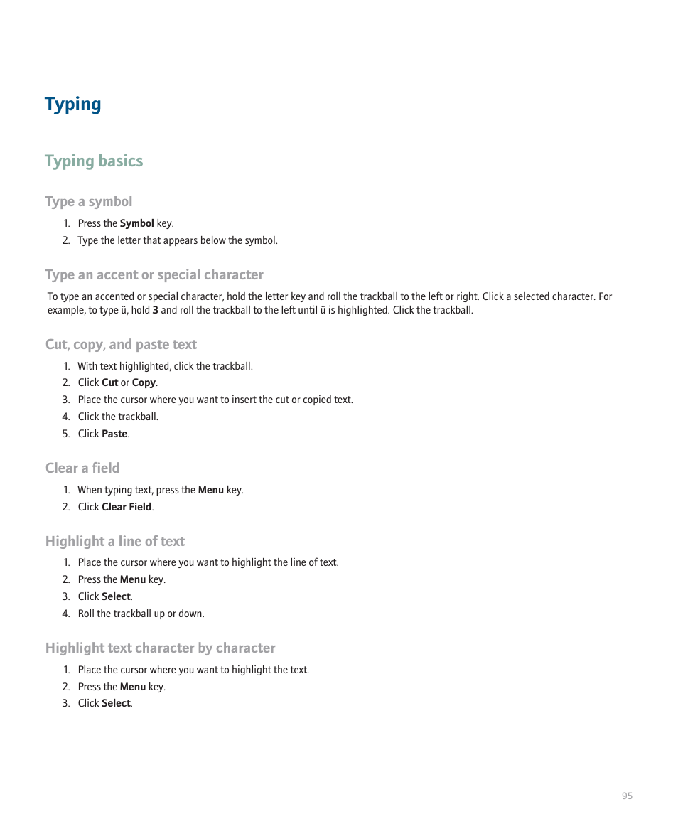 Typing, Typing basics | Blackberry Pearl 8130 User Manual | Page 97 / 270