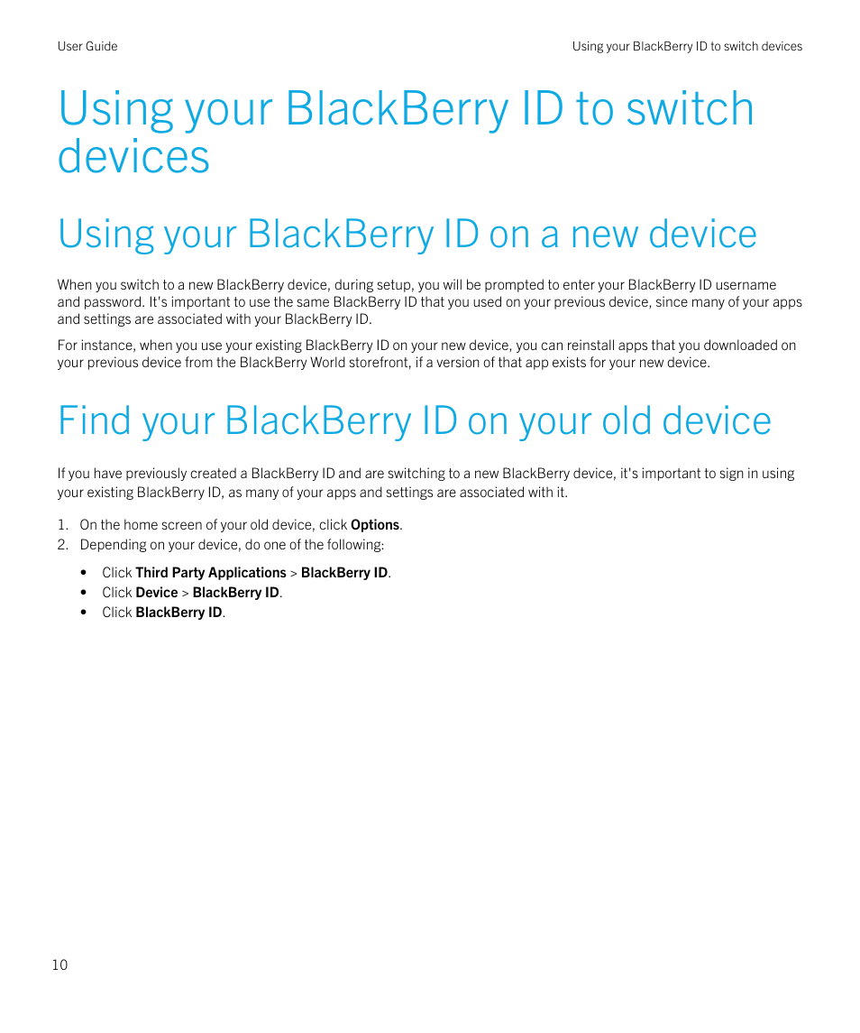 Using your blackberry id to switch devices, Using your blackberry id on a new device, Find your blackberry id on your old device | Blackberry ID SWD-1590032-0505111339-001 User Manual | Page 10 / 15