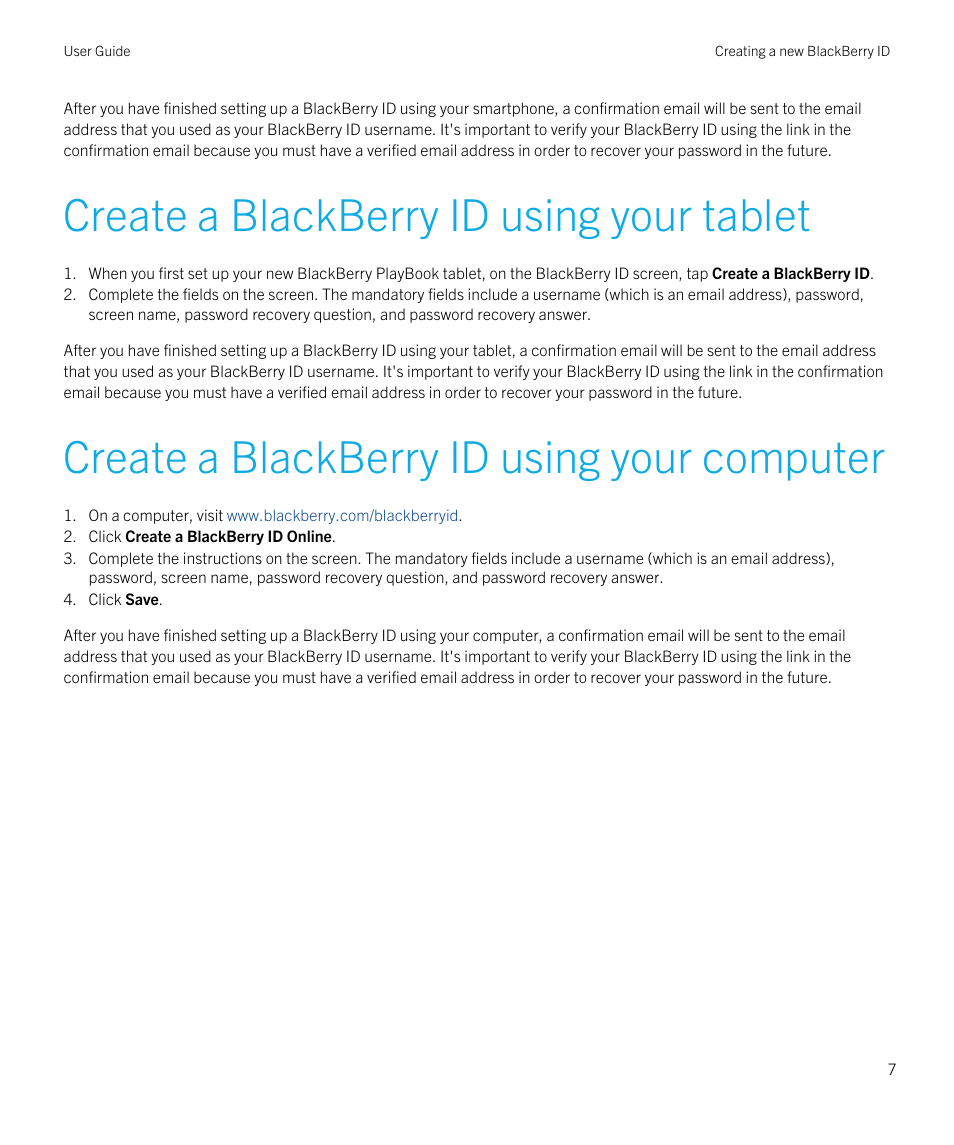 Create a blackberry id using your tablet, Create a blackberry id using your computer | Blackberry ID SWD-1590032-0505111339-001 User Manual | Page 7 / 15