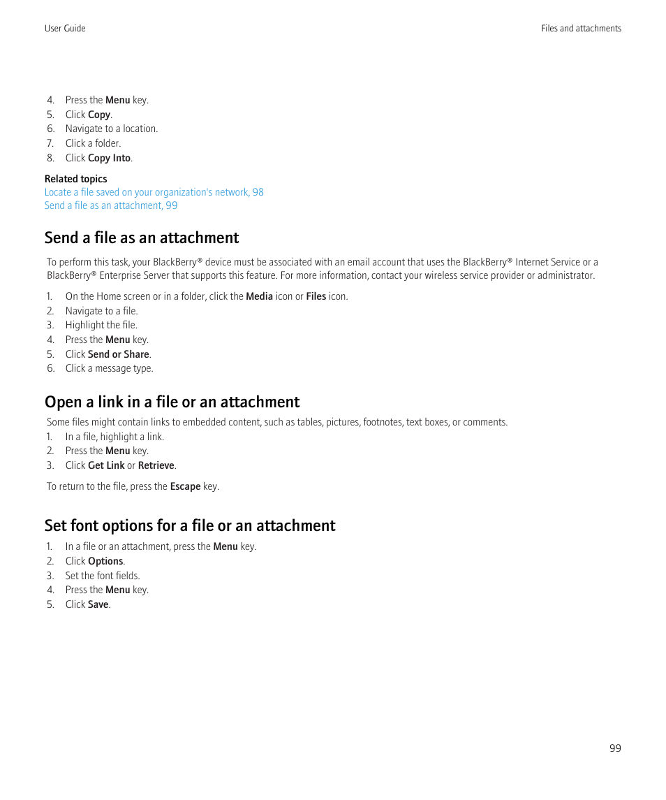 Send a file as an attachment, Open a link in a file or an attachment, Set font options for a file or an attachment | Blackberry Bold 9700 User Manual | Page 101 / 332