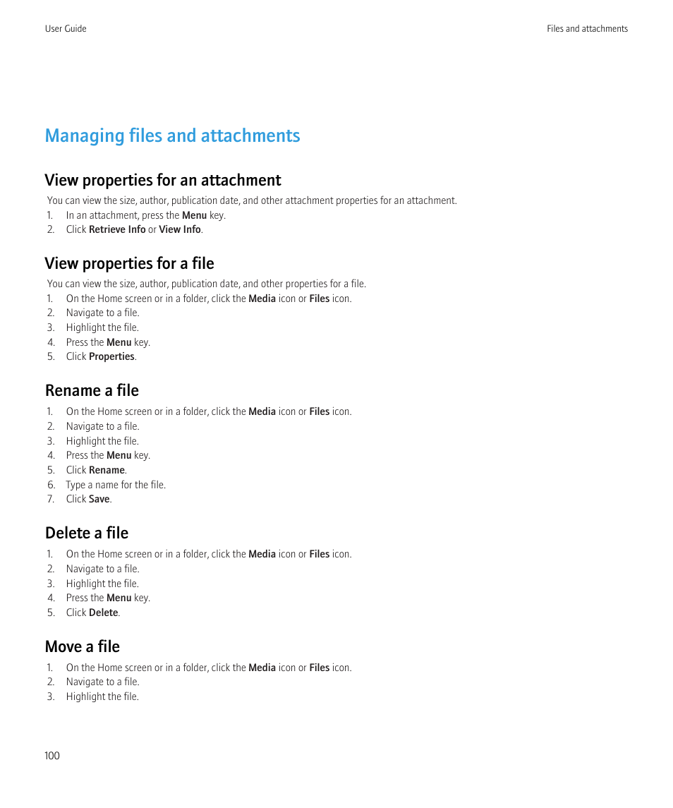Managing files and attachments, View properties for an attachment, View properties for a file | Rename a file, Delete a file, Move a file | Blackberry Bold 9700 User Manual | Page 102 / 332