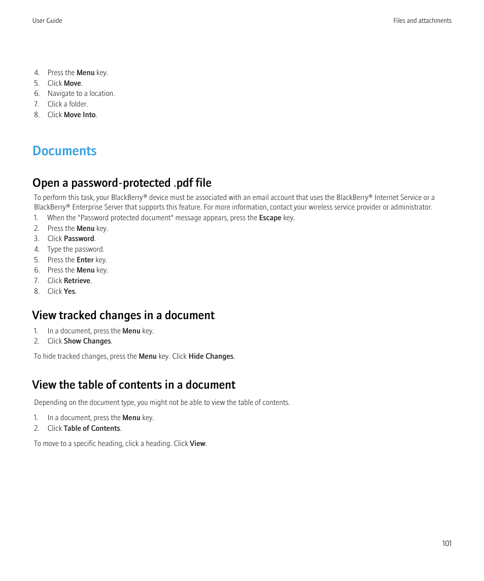 Documents, Open a password-protected .pdf file, View tracked changes in a document | View the table of contents in a document | Blackberry Bold 9700 User Manual | Page 103 / 332