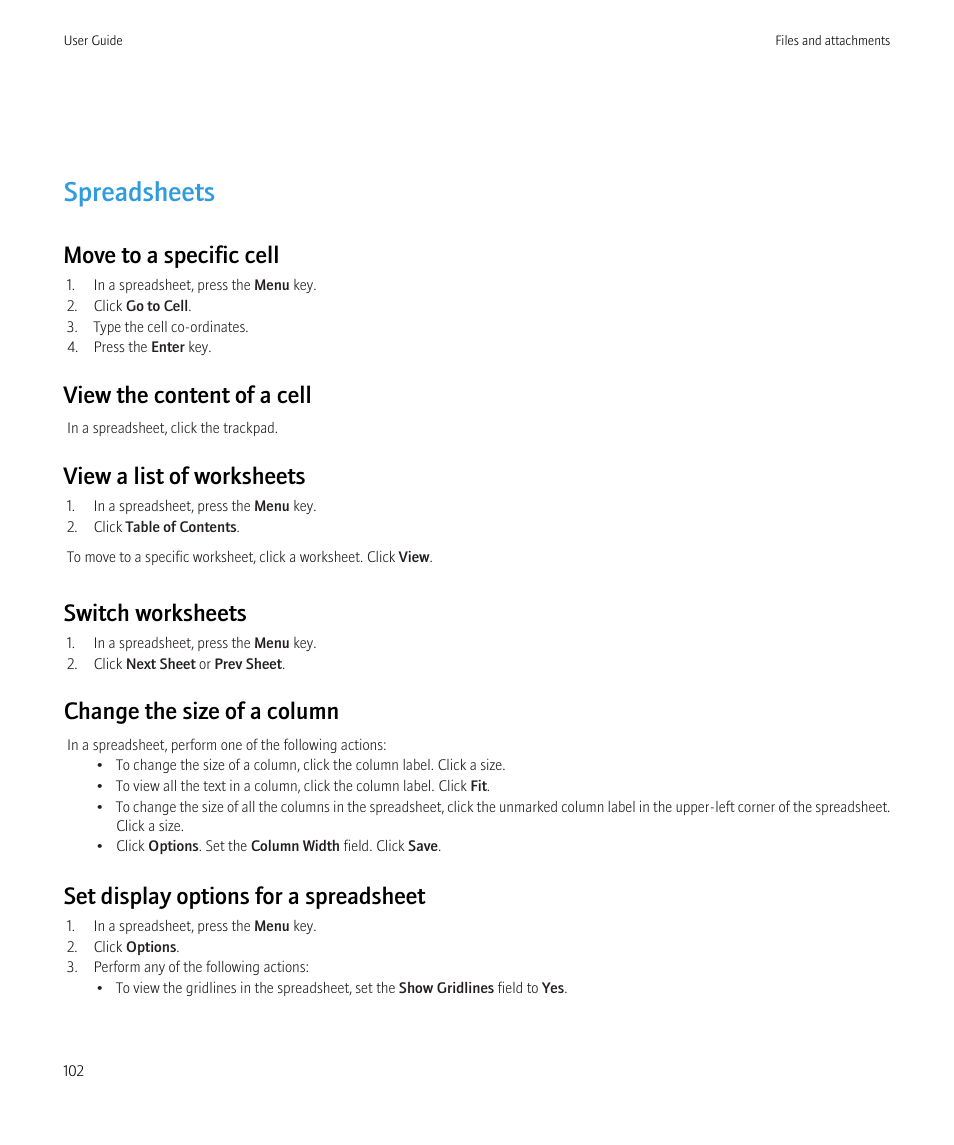 Spreadsheets, Move to a specific cell, View the content of a cell | View a list of worksheets, Switch worksheets, Change the size of a column, Set display options for a spreadsheet | Blackberry Bold 9700 User Manual | Page 104 / 332