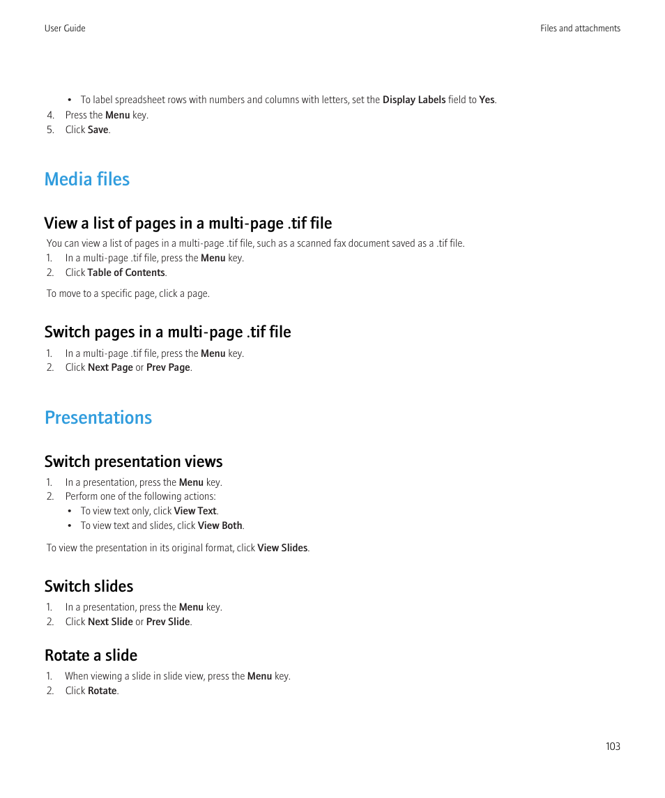 Media files, Presentations, View a list of pages in a multi-page .tif file | Switch pages in a multi-page .tif file, Switch presentation views, Switch slides, Rotate a slide | Blackberry Bold 9700 User Manual | Page 105 / 332