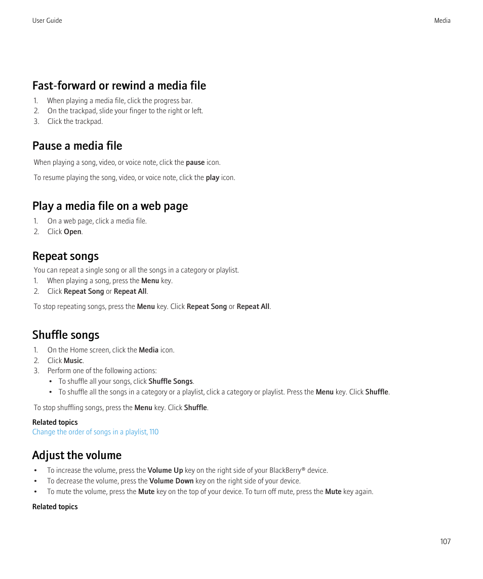 Fast-forward or rewind a media file, Pause a media file, Play a media file on a web page | Repeat songs, Shuffle songs, Adjust the volume | Blackberry Bold 9700 User Manual | Page 109 / 332