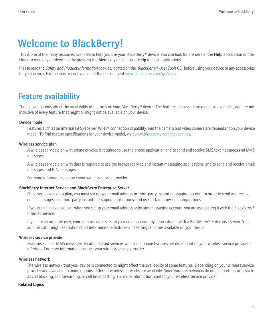 Welcome to blackberry, Feature availability | Blackberry Bold 9700 User Manual | Page 11 / 332