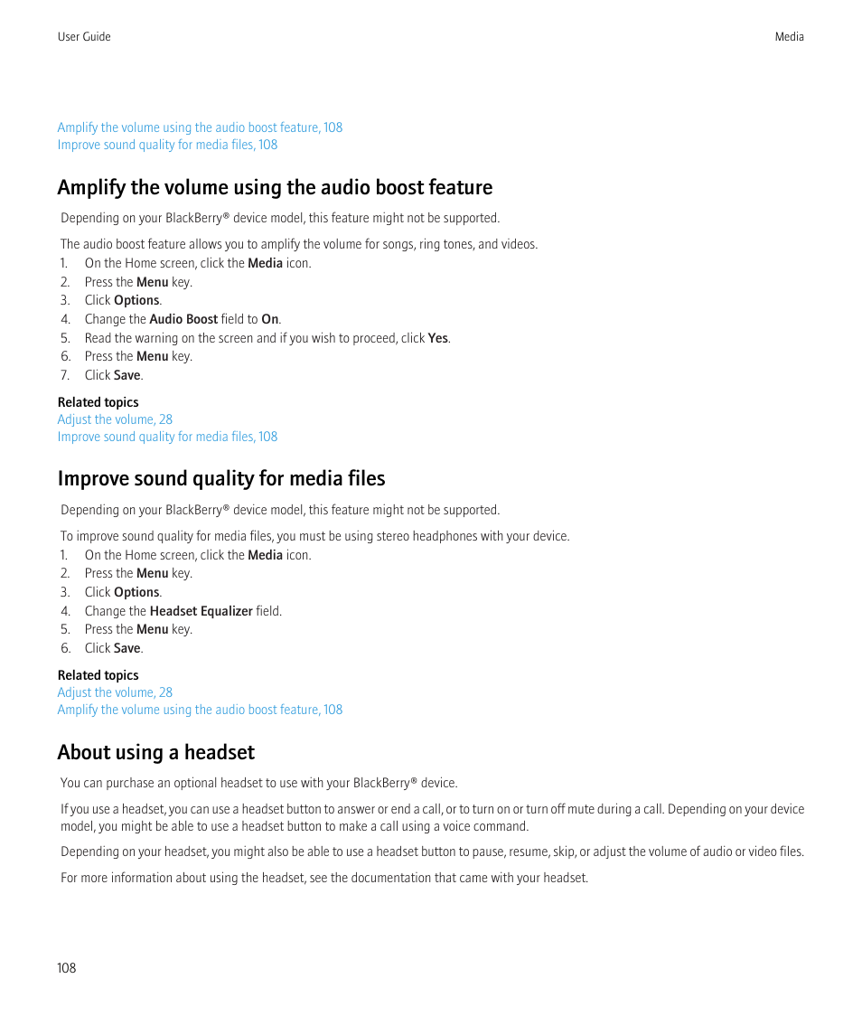 Amplify the volume using the audio boost feature, Improve sound quality for media files, About using a headset | Blackberry Bold 9700 User Manual | Page 110 / 332