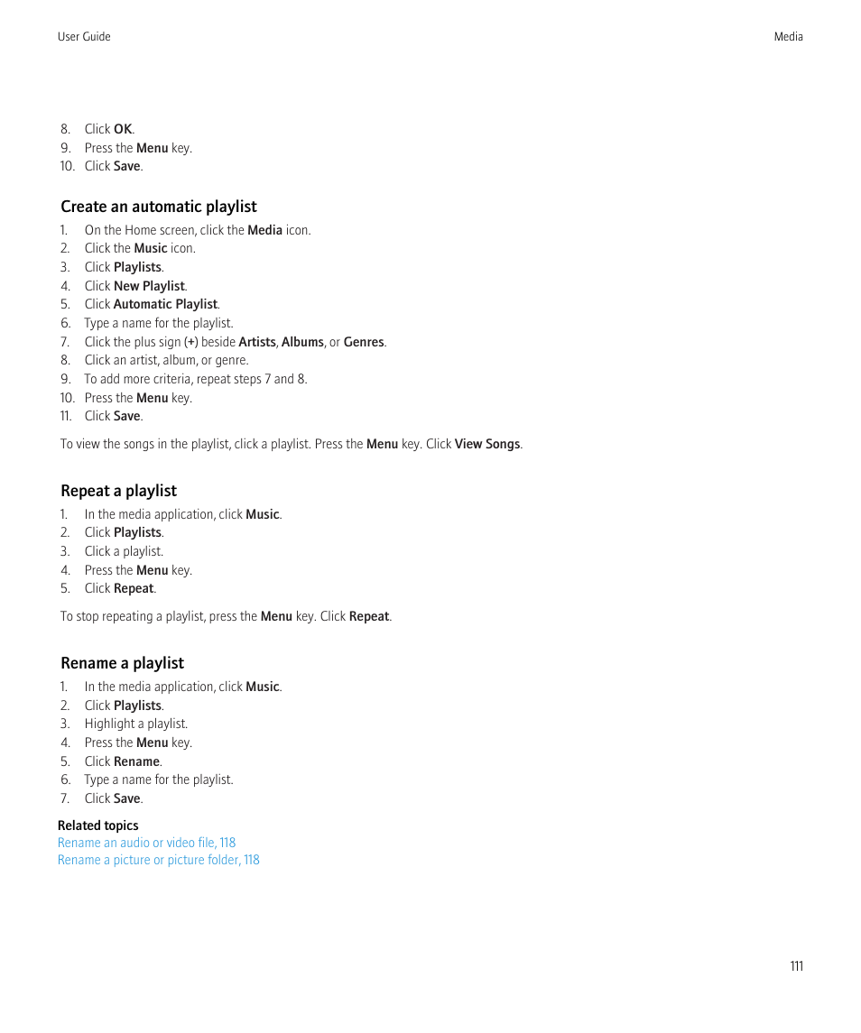 Create an automatic playlist, Repeat a playlist, Rename a playlist | Blackberry Bold 9700 User Manual | Page 113 / 332