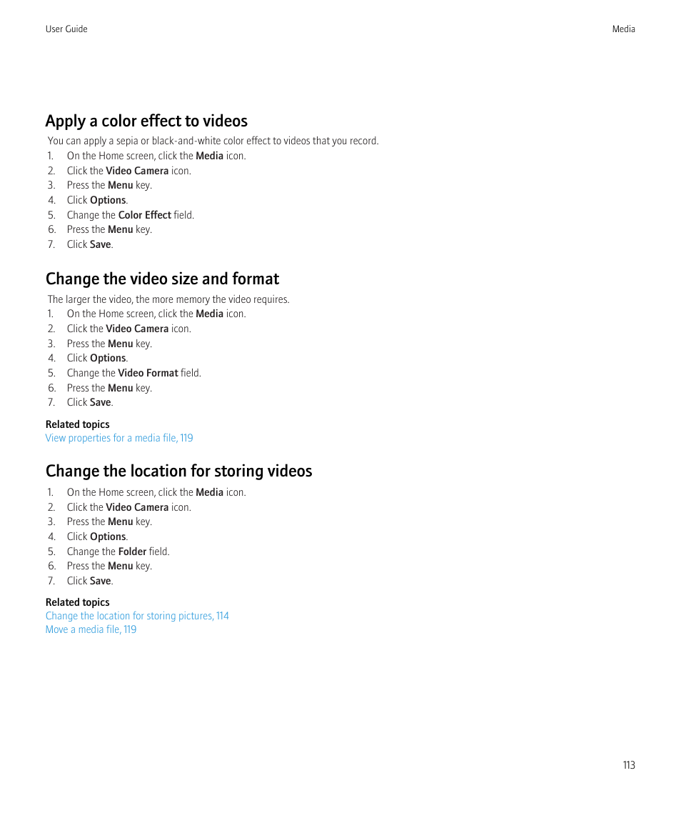 Apply a color effect to videos, Change the video size and format, Change the location for storing videos | Blackberry Bold 9700 User Manual | Page 115 / 332