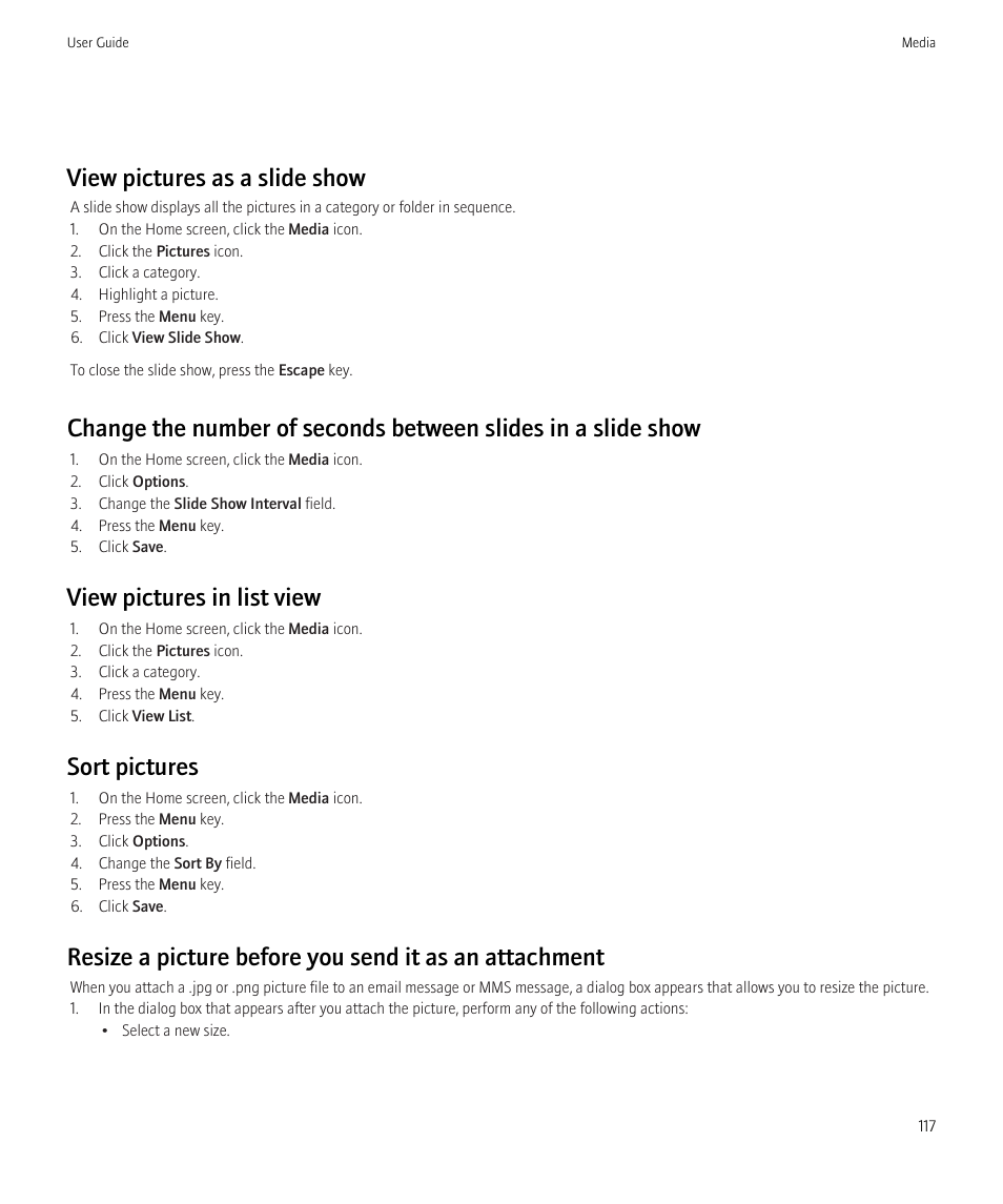 View pictures as a slide show, View pictures in list view, Sort pictures | Blackberry Bold 9700 User Manual | Page 119 / 332
