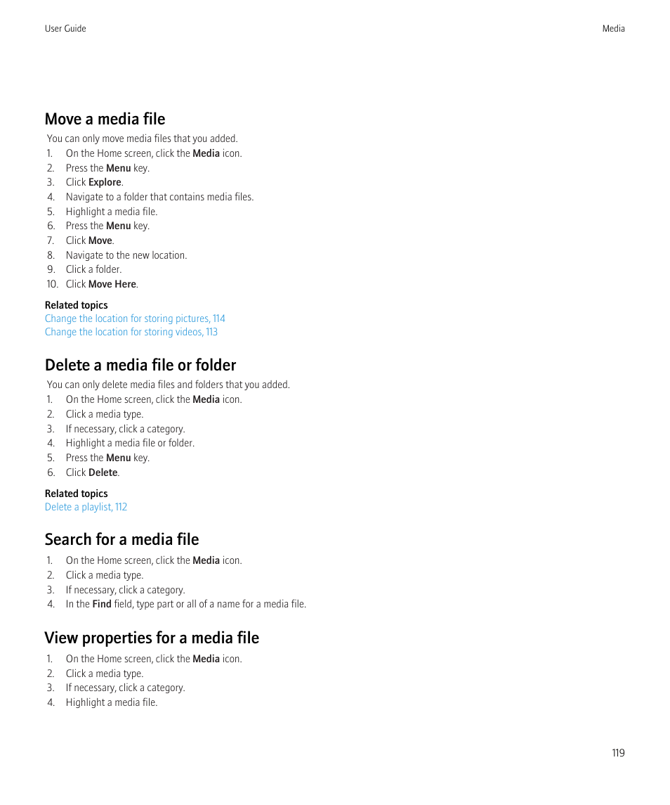 Delete a media file or folder, 119, Move a media file, Delete a media file or folder | Search for a media file, View properties for a media file | Blackberry Bold 9700 User Manual | Page 121 / 332